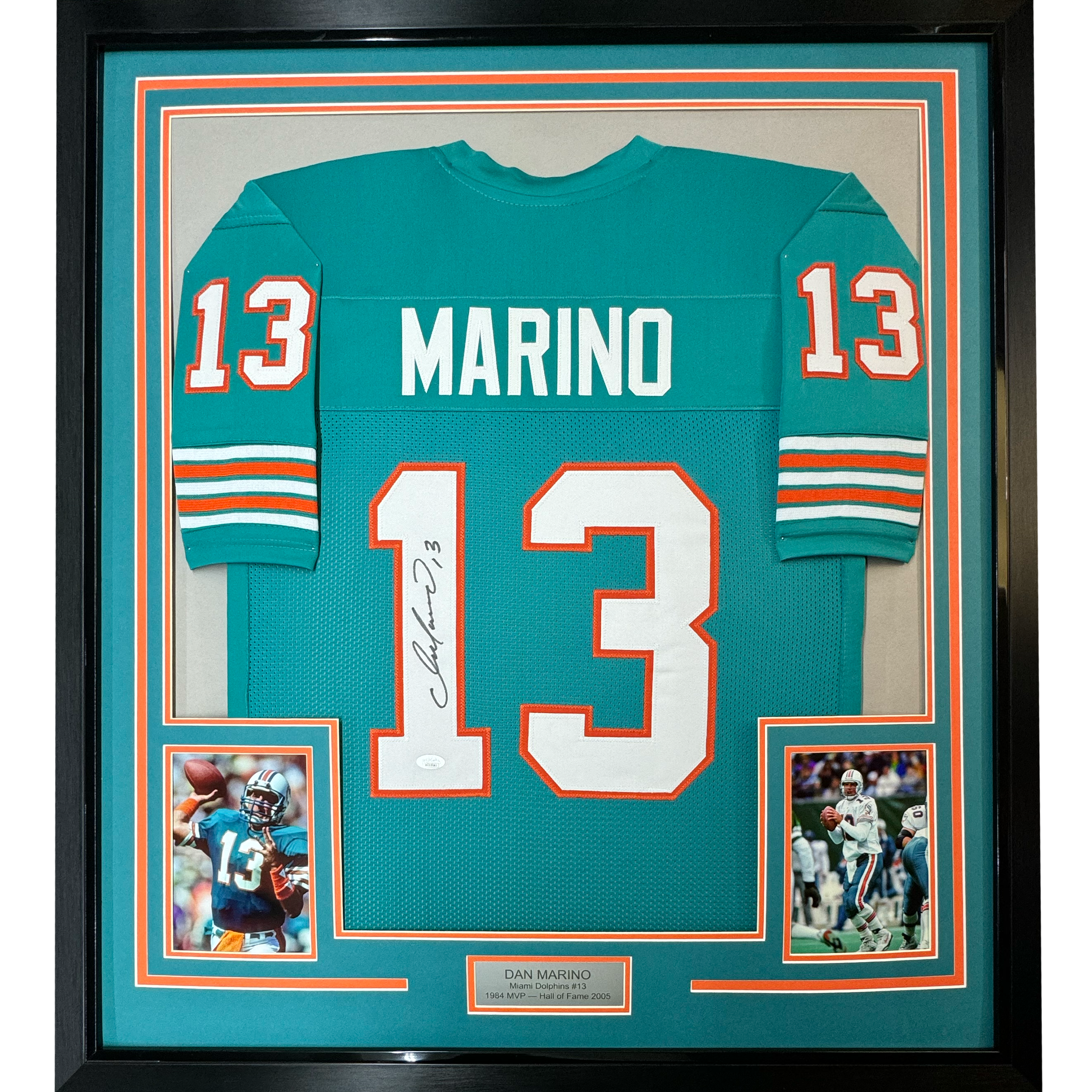 Framed Autographed/Signed Dan Marino 35x39 Miami Teal Football Jersey JSA COA