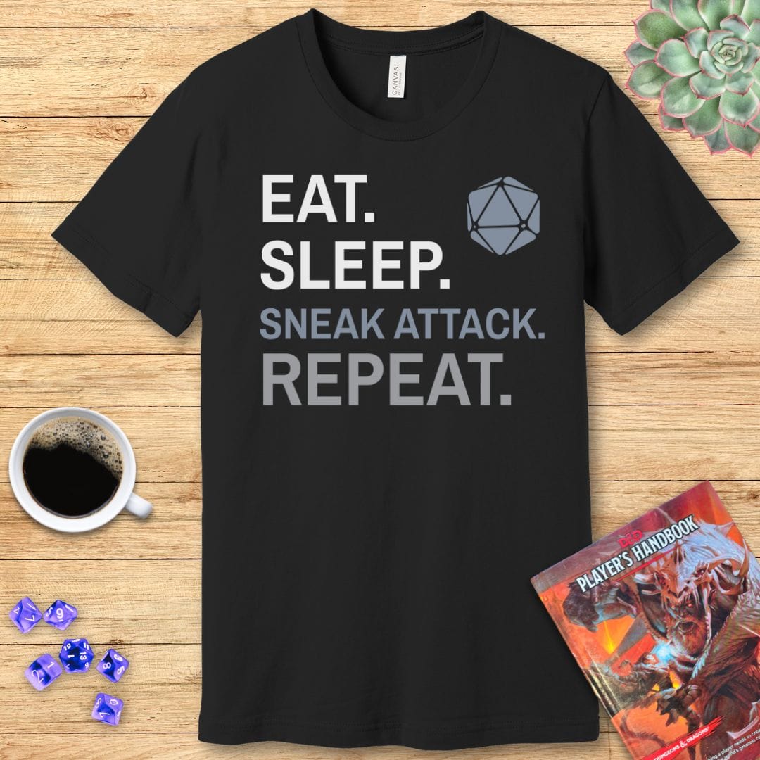 Rogue T-Shirt – 'Eat, Sleep, Sneak Attack, Repeat'